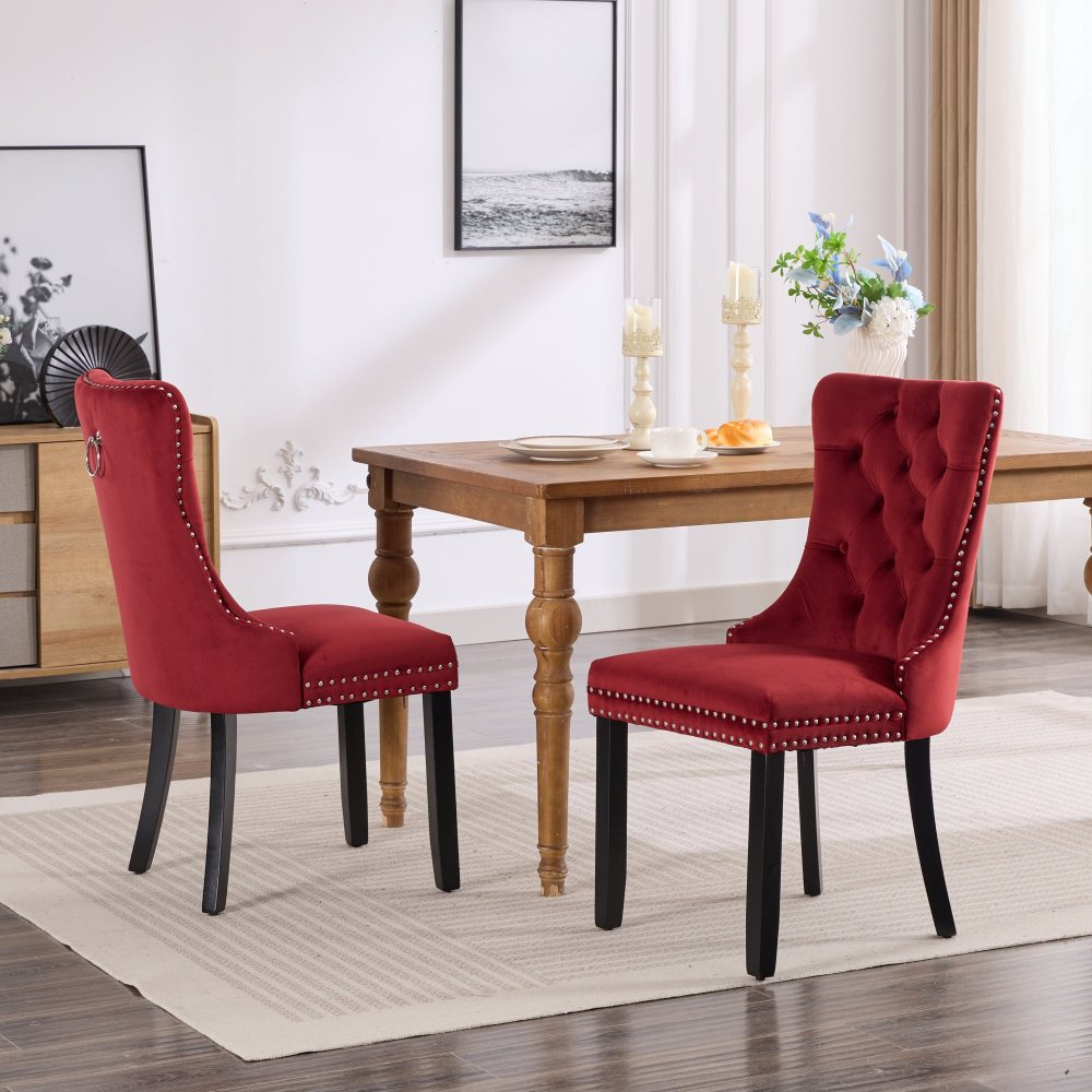 Classic Velvet Dining Chair, High-End Tufted Solid Wood Contemporary Velvet Cushioned Wooden Leg Nail Head Dining Chair, Set of 2, Wine Red Color, Dining Room Table And Chair Set, Dining Chair Set Of, Dining Room Chair, Dinin
