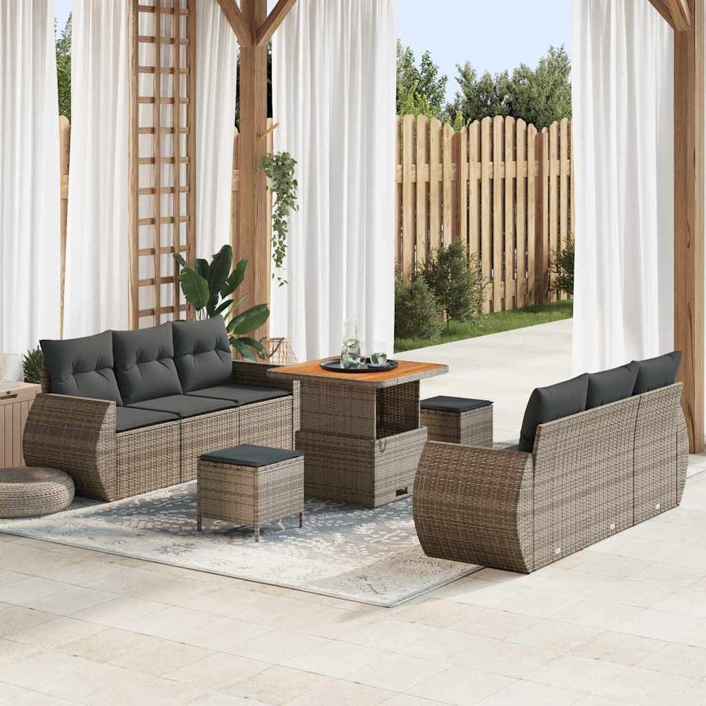 Tuinbank – Buitenbank – Tuinmeubel – Loungeset – Zithoek – Handgevlochten Rattan – Weerbestendige Kussens – 5 Zitplaatsen – Grijs/Donkergrijs