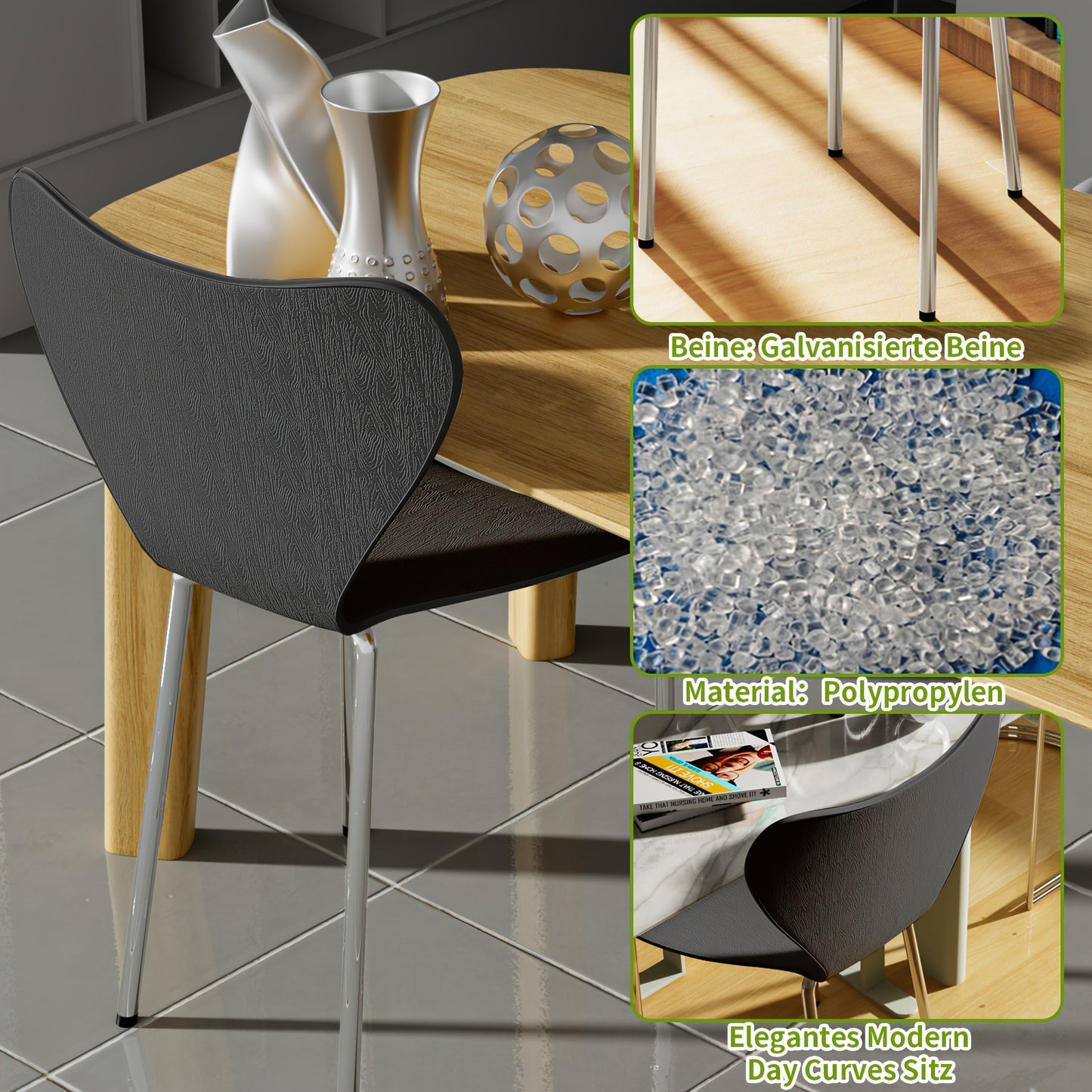 Set van 2 Eetkamerstoelen met Rugleuning – Zwart Polypropyleen met Verchroomde Poten – Stijlvolle Stoelen voor Keuken, Woonkamer of Eetkamer