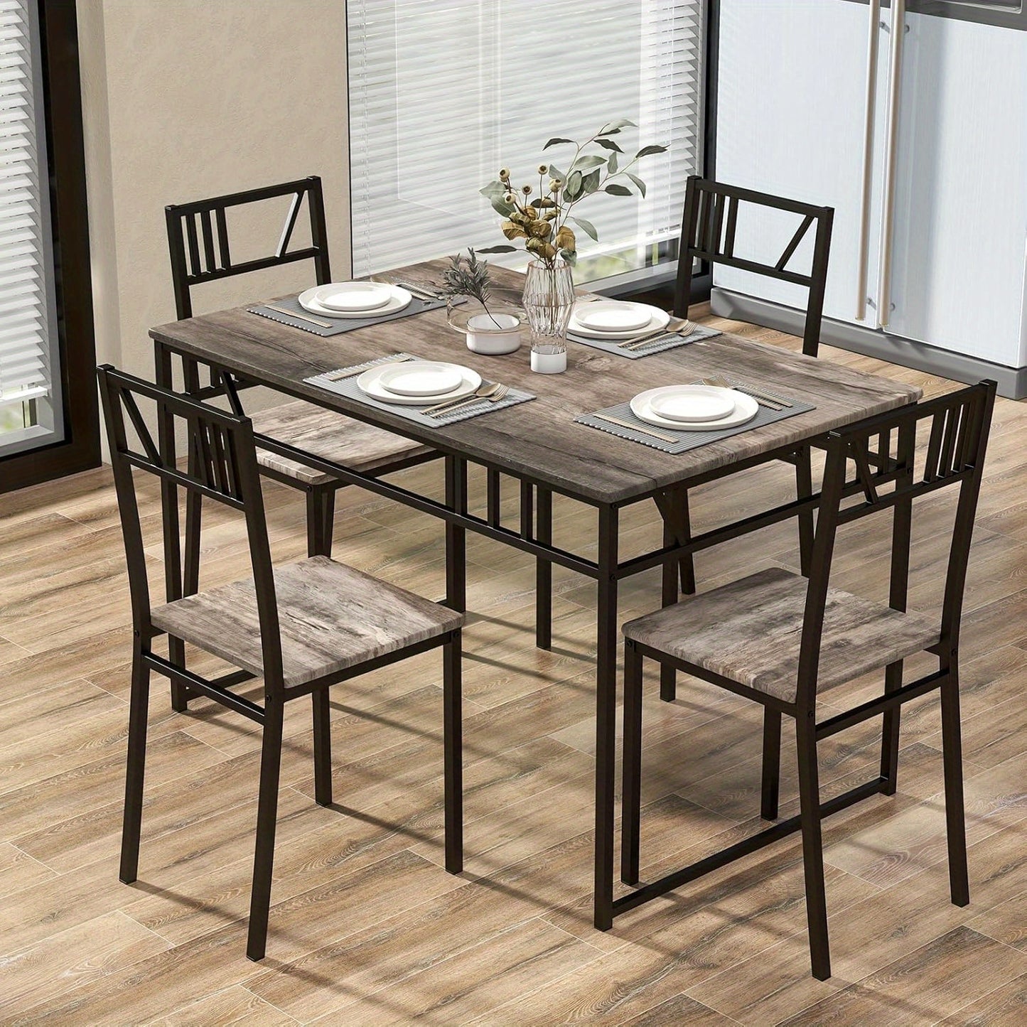 Eettafelset – Tafel en Stoelen – Eettafel – Keukentafel – Industrieel Meubel – Zwart – MDF Houtlook Tafelblad – Ergonomische Stoelen met Metalen Frame