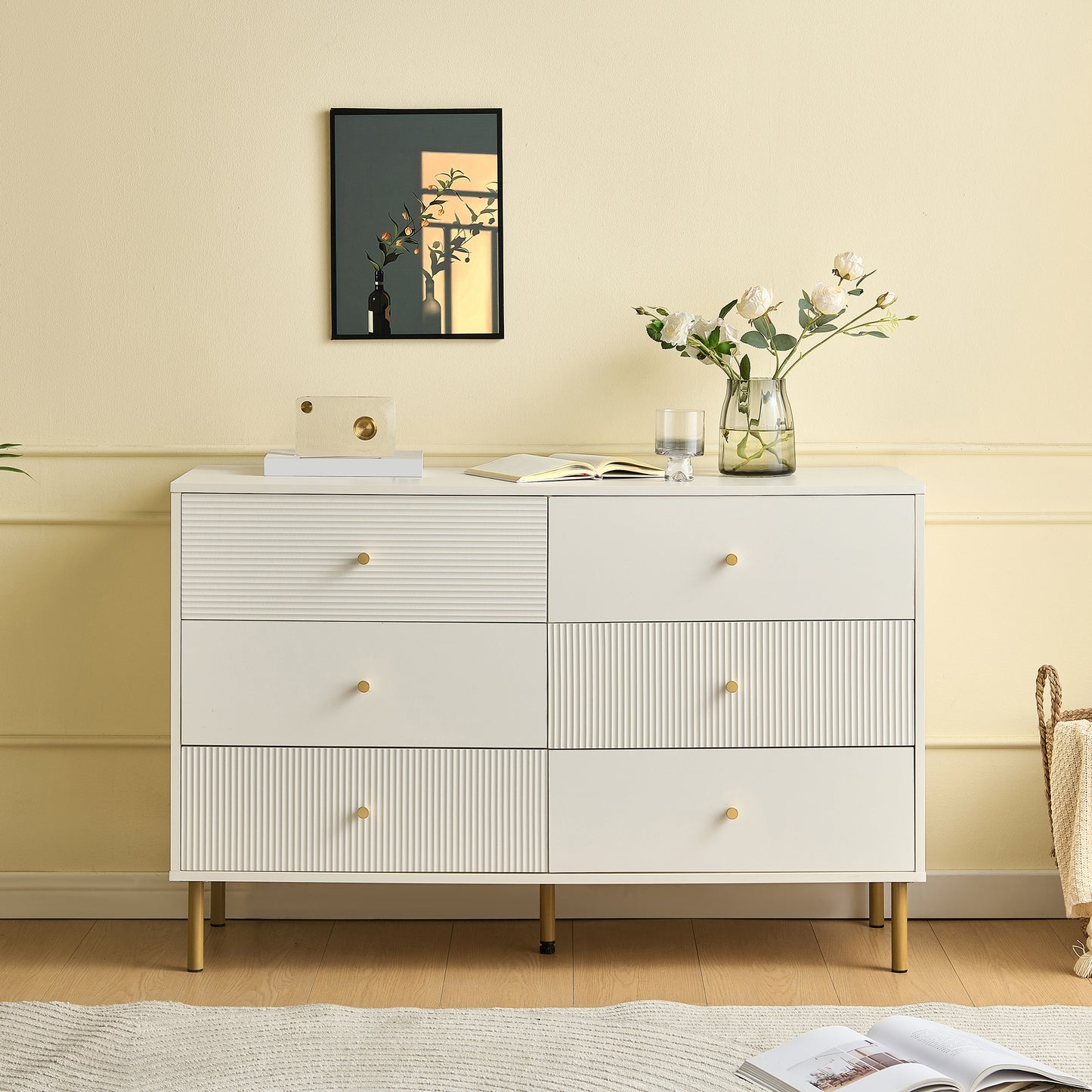 Commode – Ladekast – Dressoir – Opbergkast – Kast – Wit – 6 Lades – MDF Metalen Poten – Gouden Handgrepen – 120x40x78 cm