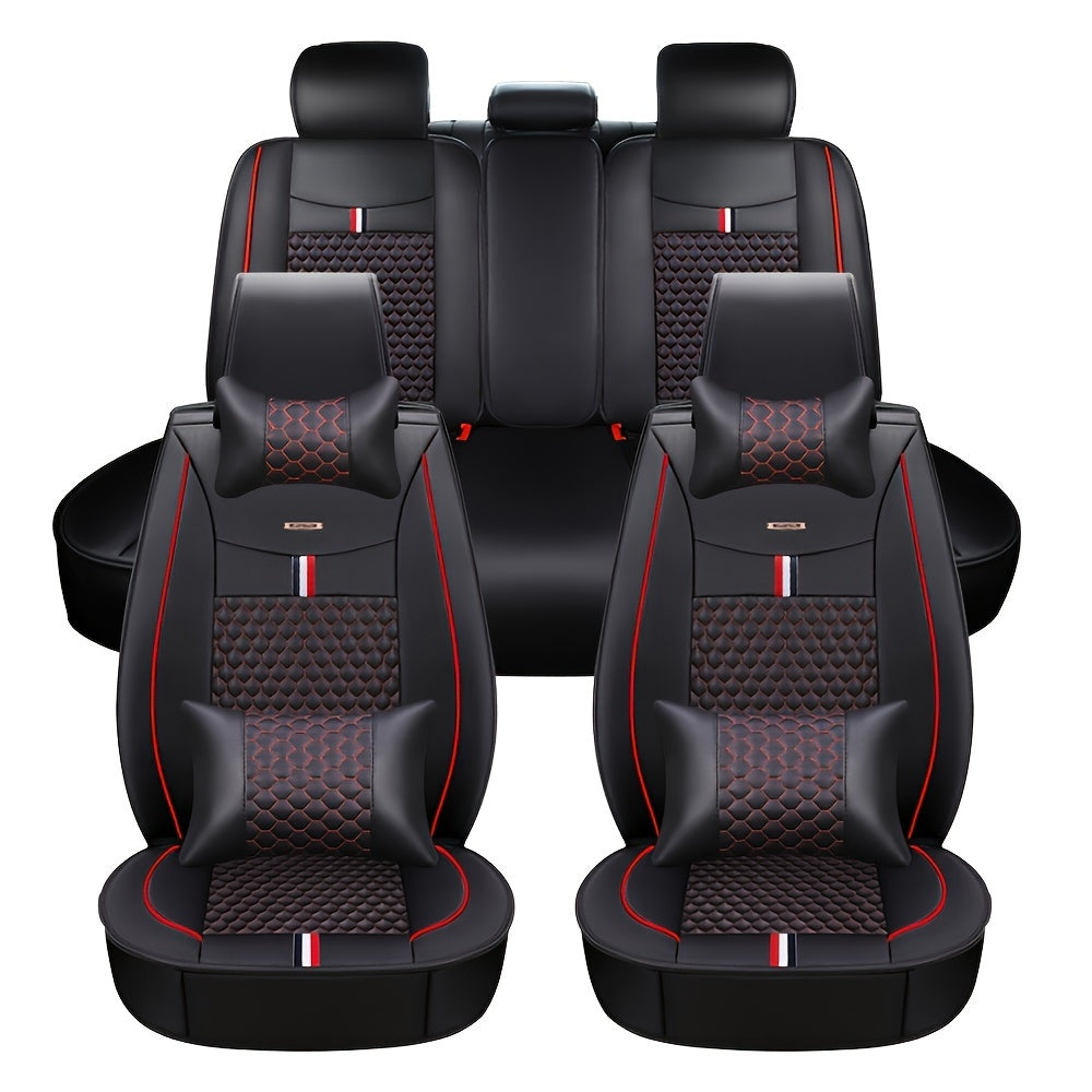 Autostoelhoezen Set – Stoelhoezen Auto – Autostoel Bekleding – Auto Stoelhoes – Auto Interieur Bescherming – Universele Pasvorm – Waterdicht PU Leer – Met Hoofdsteun- en Lendenkussens – 5 Zits (Zwart Rood)