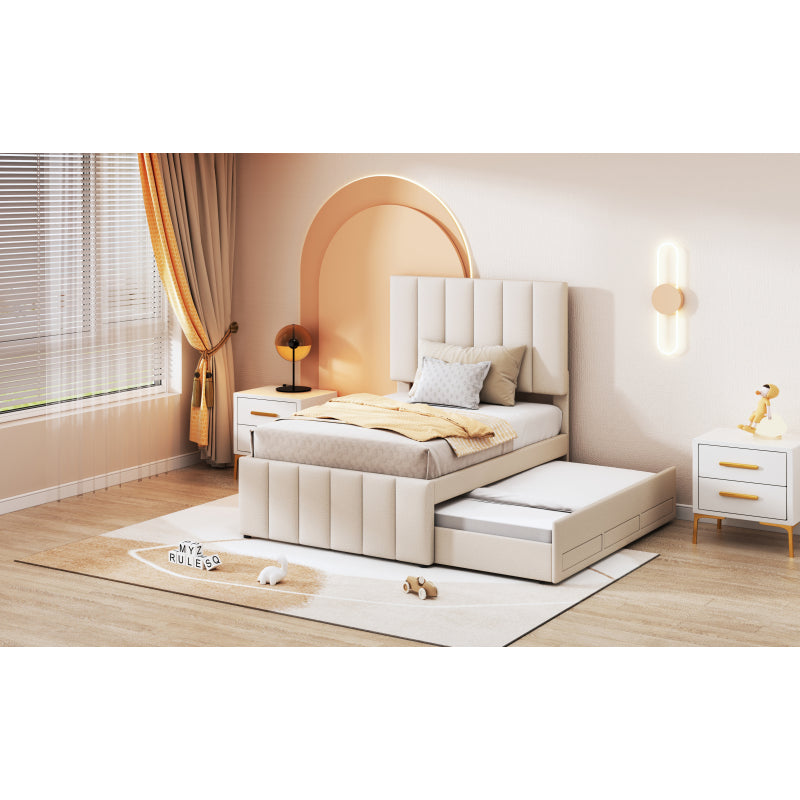 Hoogslaper – Kinderbed – Stapelbed – Zolderbed – Eenpersoonsbed – Linnen Bekleding Licht Beige – Uitschuifbaar Tweelingbed Met Opberglades – MDF En Metaal Frame