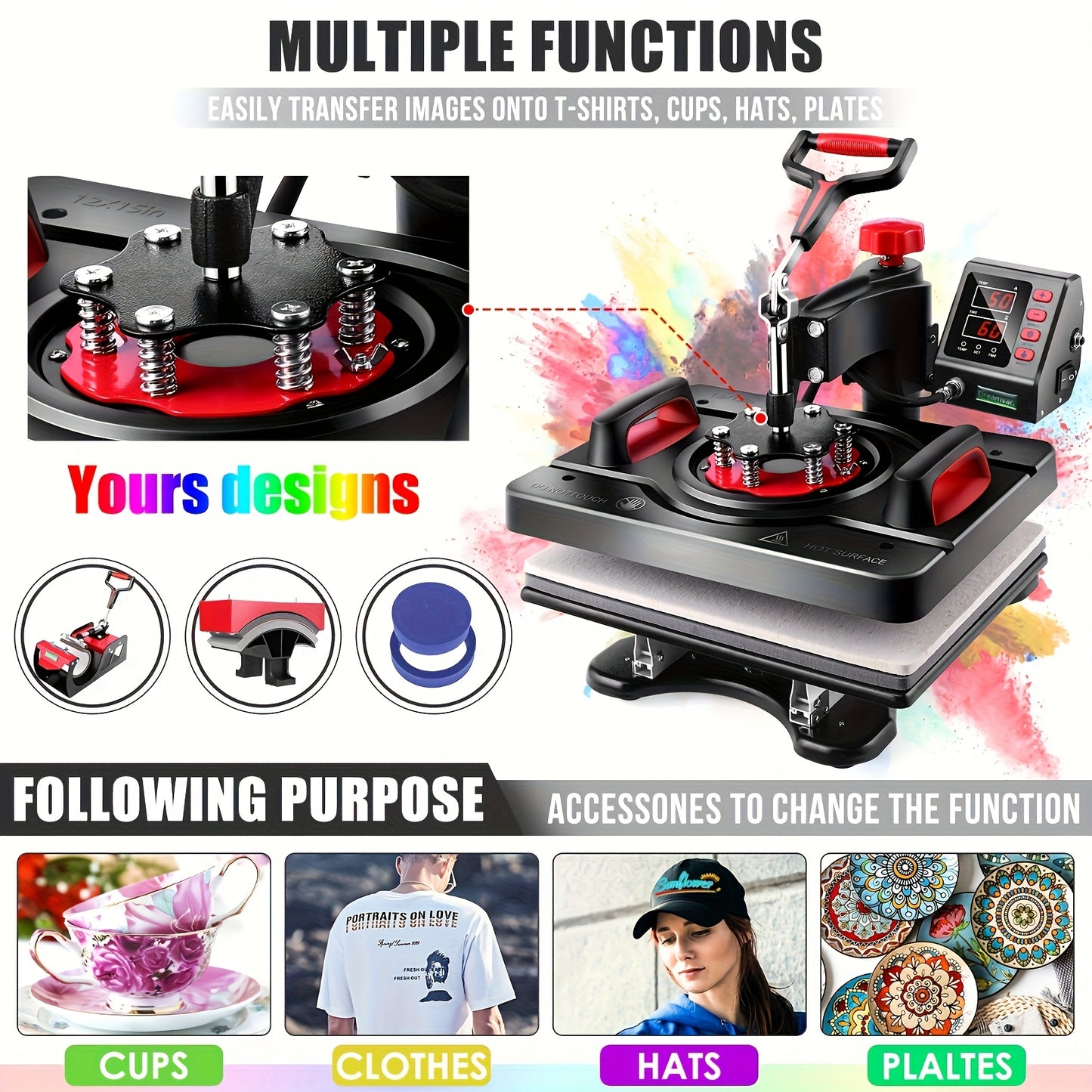 Hittepers – Transferpers – Sublimatiepers – Warmtepers – 8-in-1 Multifunctioneel – 360° Draaibare Arm – Digitale Temperatuur & Timer – 30x38 cm Persvlak