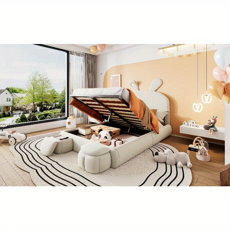 Beige Velvet Opbergbed – Bed Frame Met Opbergruimte – Tweepersoonsbed – Slaapbank – Bed Met Hoofdbord – 140x200 cm – Met Warm Verstelbaar Licht – Inclusief 2 Krukken