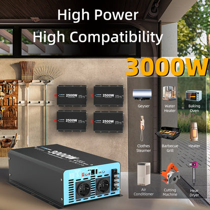 3000W Omvormer – Spanningsomzetter – Stroomconverter – Inverter – DC Naar AC – 12V Naar 230V – Pure Sinus – 2 AC Stopcontacten Met Afstandsbediening