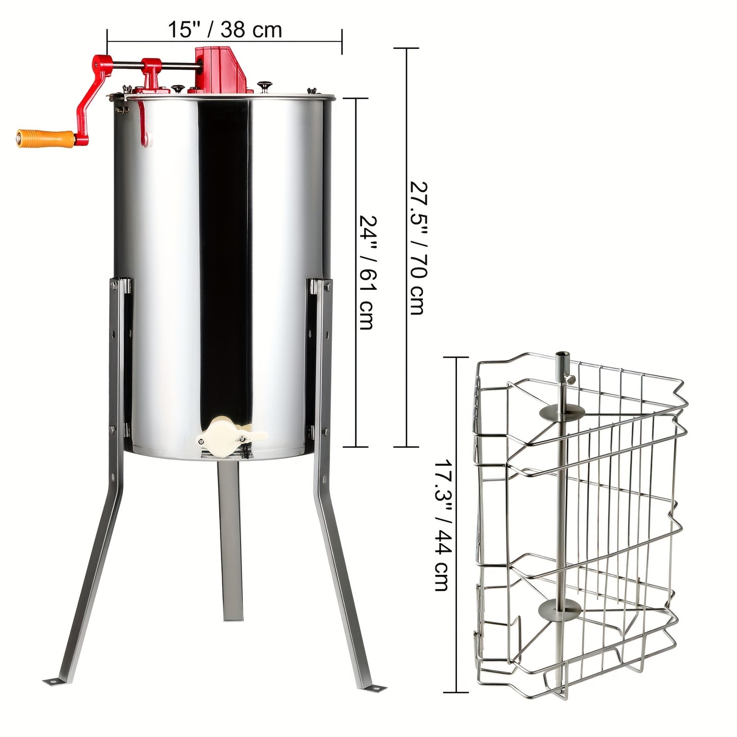 Honingcentrifuge – Honingextractor – Honingslinger – Honingspinner – Bijenwasspinner – Roestvrij Staal – 3 Raten Capaciteit – In Hoogte Verstelbare Standaard