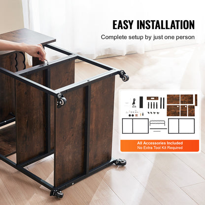 Transferpers Werktafel – Hittepers Tafeltje – Warmte Pers – Heat Press Stand – Opbergbureau – 3-Laags Opbergniveau – Inklapbare Zijpanelen – Stevige Metalen Constructie – Mobiel Met Wieltjes – Bruin
