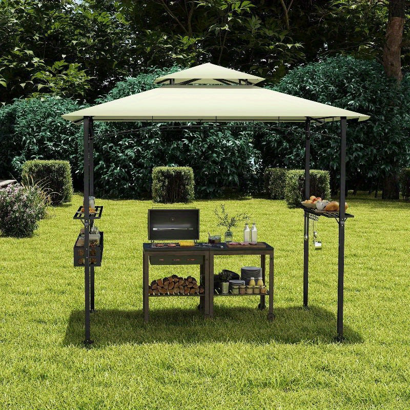 BBQ Paviljoen – Grillhuis – Barbecue Overkapping – Tuinpaviljoen – Grill Shelter – Beige – Poedergecoat Stalen Frame – UV-Bestendig Polyester Dak – 245 x 153 x 250 cm