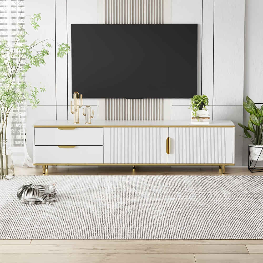 Modern White & Golden TV Stand Entertainment Center with Marble Texture & Carved Textured Undercroft Storage - Metal Construction, Golden Handles & Feet, Freestanding Media Console for Living Room, 68.58cm+ Height, 3.2+ Cubic
