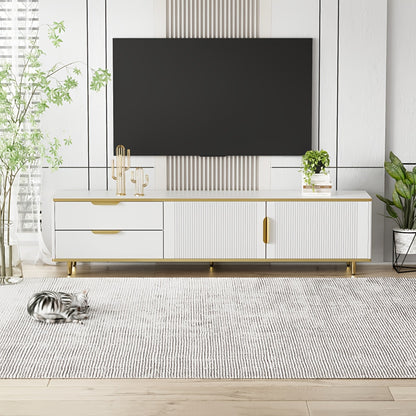 Modern White & Golden TV Stand Entertainment Center with Marble Texture & Carved Textured Undercroft Storage - Metal Construction, Golden Handles & Feet, Freestanding Media Console for Living Room, 68.58cm+ Height, 3.2+ Cubic