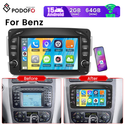 PODOFO [2G+64G] Android 15 Car Stereo for Mercedes Benz W168 W203 CLK C209/ W209 SLK/ W170 W463 Viano Vito Vaneo with Wireless Carplay Android Auto, 17.78 cm Touchscreen GPS, Bluetooth, WiFi, FM/ RDS, EQ, SWC