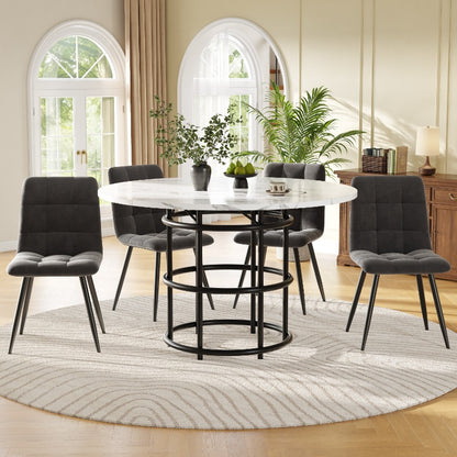 Eettafelset – Eethoek – Eetkamerset – Keukentafelset – Zitgroep – Ronde 100 cm Tafel – Wit Marmerlook Plastic Blad – Grijze Stoffen Stoelen – Compact & Onderhoudsvriendelijk