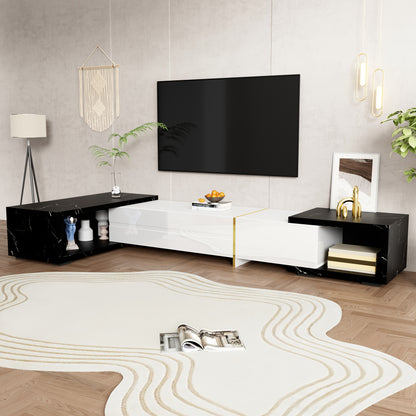 TV-meubel – TV-kast – Media Meubel – TV-standaard – Tv-dressoir – Verstelbare Lengte 140-260 cm – Draaifunctie – Mat Wit Hoogglans Met Zwart Marmerlook en Gouden Accenten