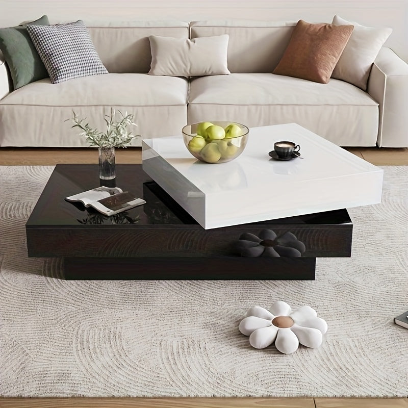Uitbreidbare Salontafel – Draaibare Tafel – Woonkamertafel – Uitschuifbare Tafel – Moderne Lounge Tafel – Glanzend Wit Met Zwarte Witte Stiksels – Dubbele Laag Met Bamboe Materiaal