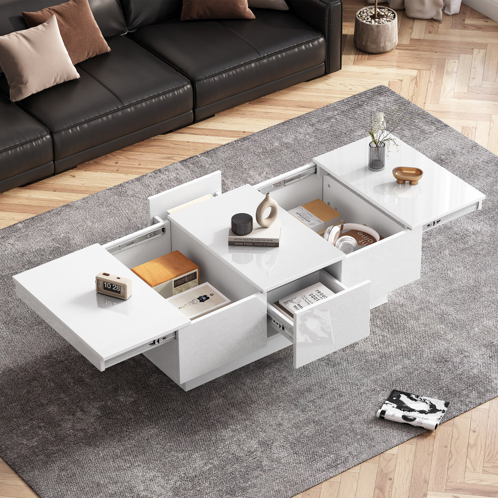 Salontafel – Koffietafel – Witte Tafel – Salontafels – Dressoir – Hoogglans Wit – Schuifbaar Tafelblad – Met 2 Lades en Verborgen Opbergruimte – 100x55x35 cm