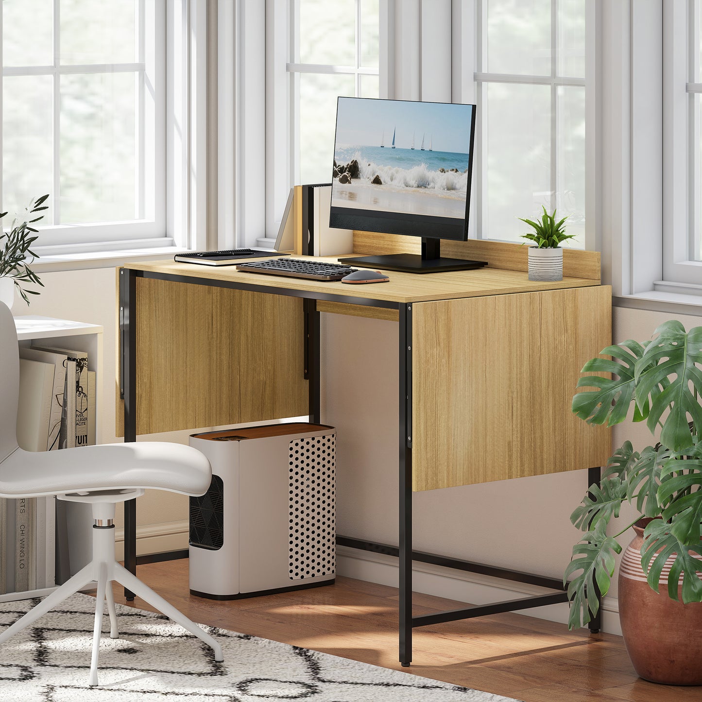 Inklapbaar Bureau – Computerbureau – Werkplek Bureau – Studie Bureau – Thuiswerk Bureau – Verstelbare Breedte 100-170 cm – Eikenhout Look Met Stabiele Metalen Poten