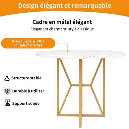 Ronde Eettafel – Eetkamertafel – Keukentafel – Woonkamertafel – Ronde Tafel – Gouden Metalen Poten – Marmerlook MDF Blad – 80x80x76 cm – Geschikt Voor 4-6 Personen