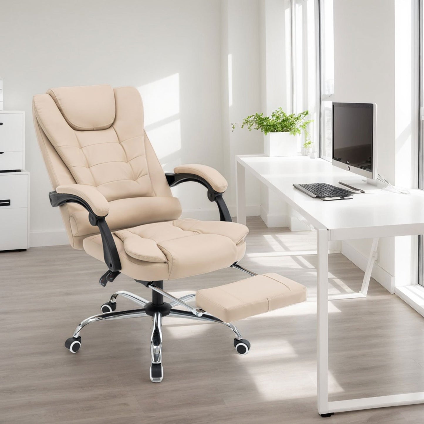 Bureaustoel – Kantoorstoel – Computestoel – Draaistoel – Gamestoel – Ergonomisch Design – Verstelbare Hoogte met Lendensteun – Flip-Up Armleuningen – Stille Wielen – Wit