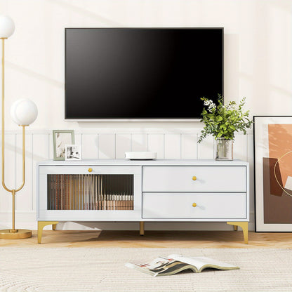 Tv meubel – TV kast – TV dressoir – TV stand – TV meubelen – Wit met gouden accenten – Met lade en gehard glas