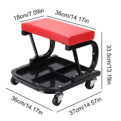 Werkkruk Garagekruk Werkstoel Werkbank Krukje – Mobiele Zwenkwielen Gereedschapbak – PU Lederen Zitkussen – Robuust IJzeren Frame – 36x37x33,5 cm – 360° Draaibaar
