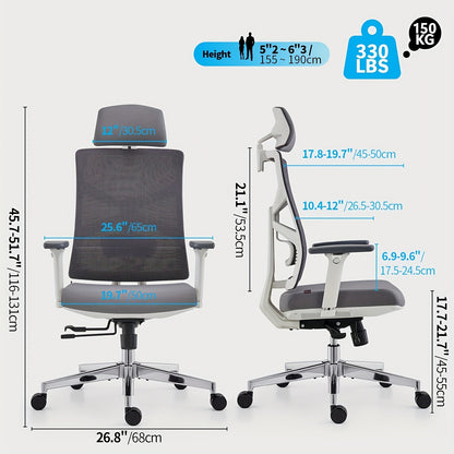 Ergonomische Bureaustoel – Bureaustoel Office Chair – Comfortabele Werkstoel – Mesh Stoel – Witte Bureaustoel – 4D Verstelbare Armleuningen – Aanpasbare Lendensteun & Zitting