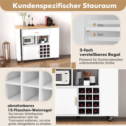 Keukentrolley – Keukenwagen – Keukenkar – Serveerwagen – Keukenmeubel – Wit – 2-in-1 Draaibaar Werkblad – Verstelbare Plank & Veel Opbergruimte
