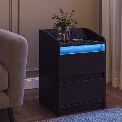 Nachtkastje – Bijzettafel – Opbergkastje – Nachtkast – Nachtkastjes – Set Van 2 Met LED-verlichting – Oplaadstation Met USB En Stopcontact – Zwart – 35x40x58 cm – Spaanplaat