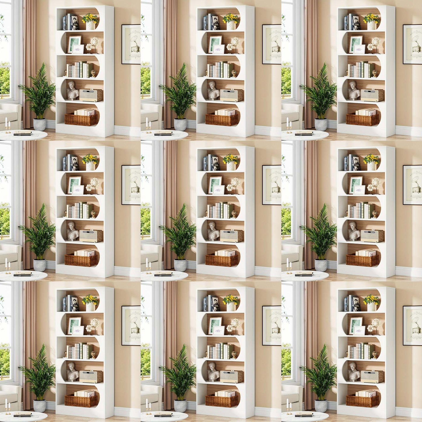 Boekenkast – Boekenrek – Opbergkast – Vakkenkast – Stellingkast – 6-Laags Wit – 180 cm Hoog – Stevig Spaanplaat – Vrijstaand Met Boogvormige Planken