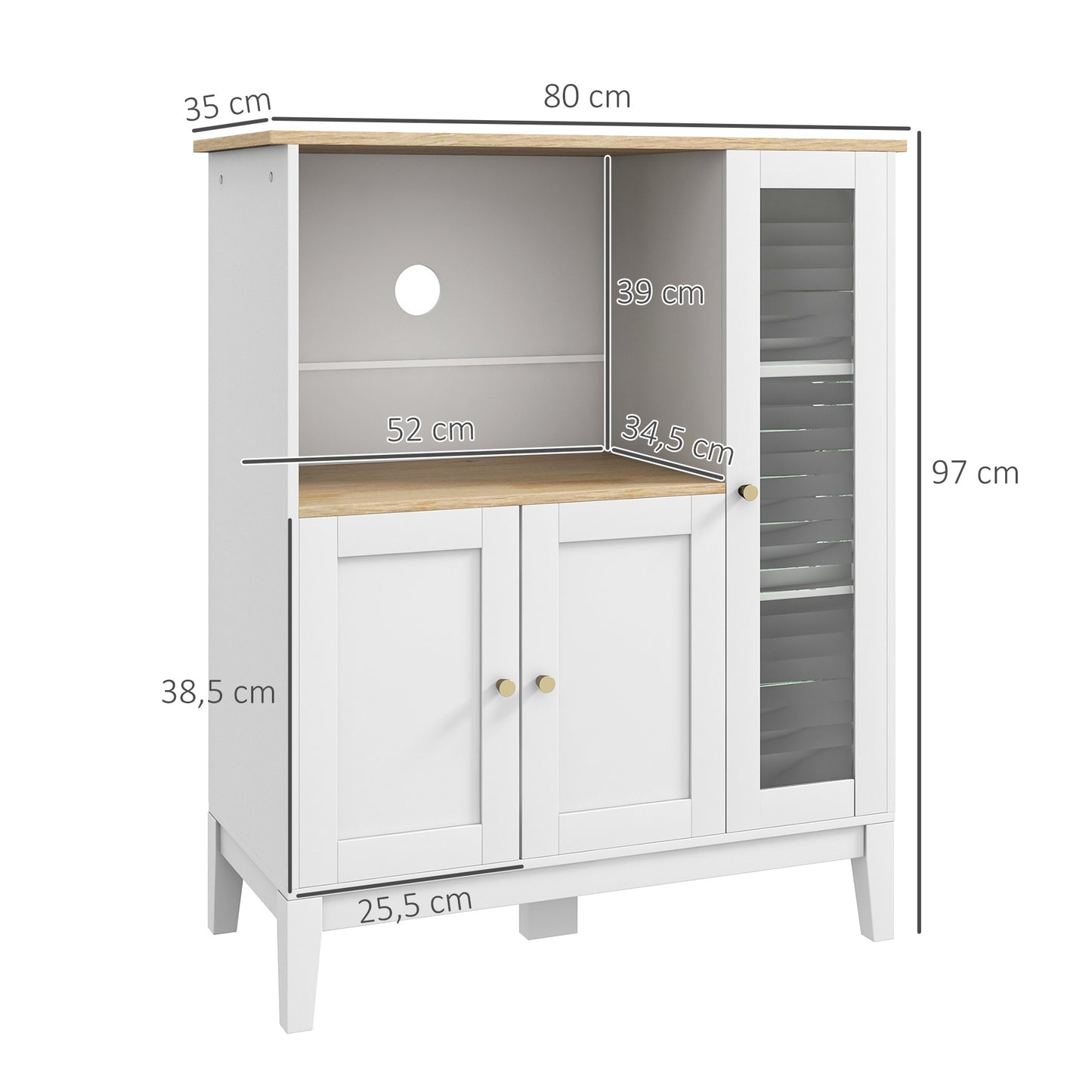 Keukenkast – Magnetronkast – Buffetkast – Opbergkast – Ovenkast – 80x35x97 cm – MDF Wit Met Houtlook – Kabeldoorvoer & Verstelbare Planken
