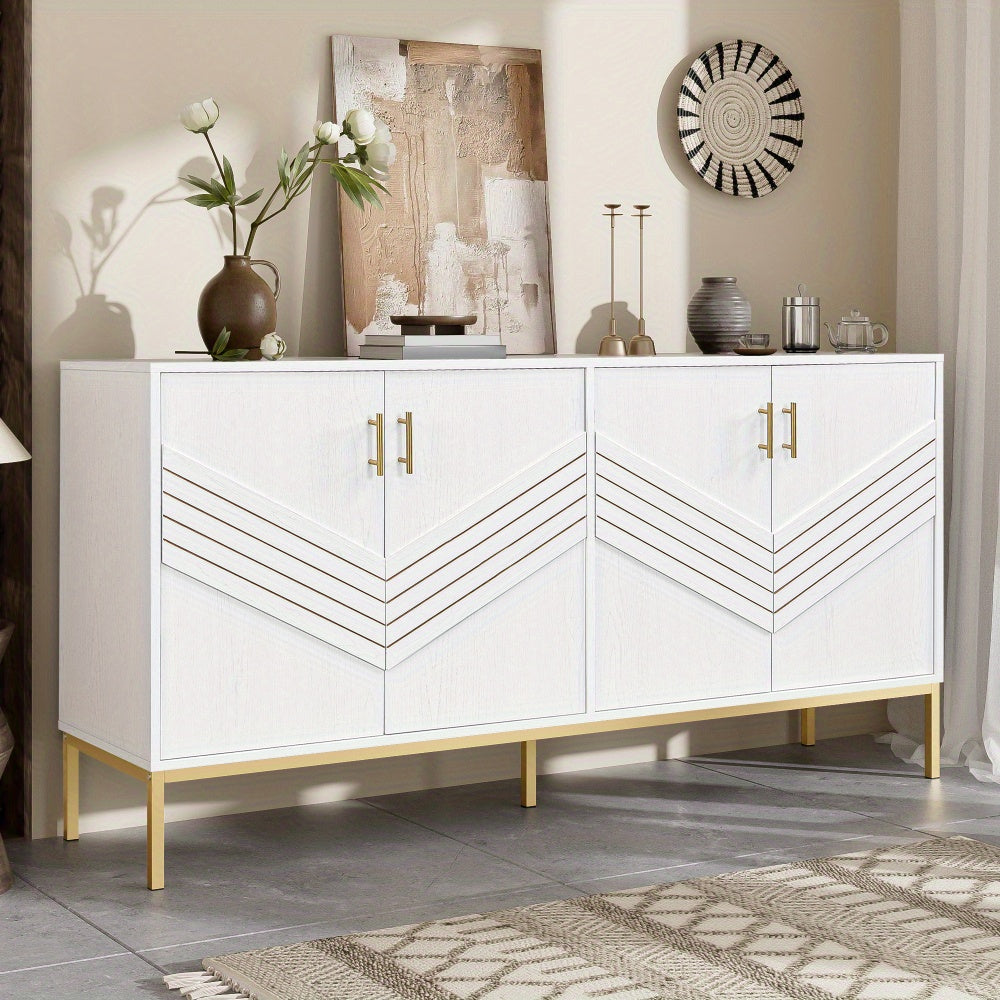 Dressoir – Sideboard – Opbergkast – Buffetkast – Wandkast – 4-Deurs Modern Design – Verstelbare Planken & 360° Draaibaar – Wit Met Gouden Metalen Frame – Grote Opbergruimte – Vloerstaand Zonder Elektriciteit