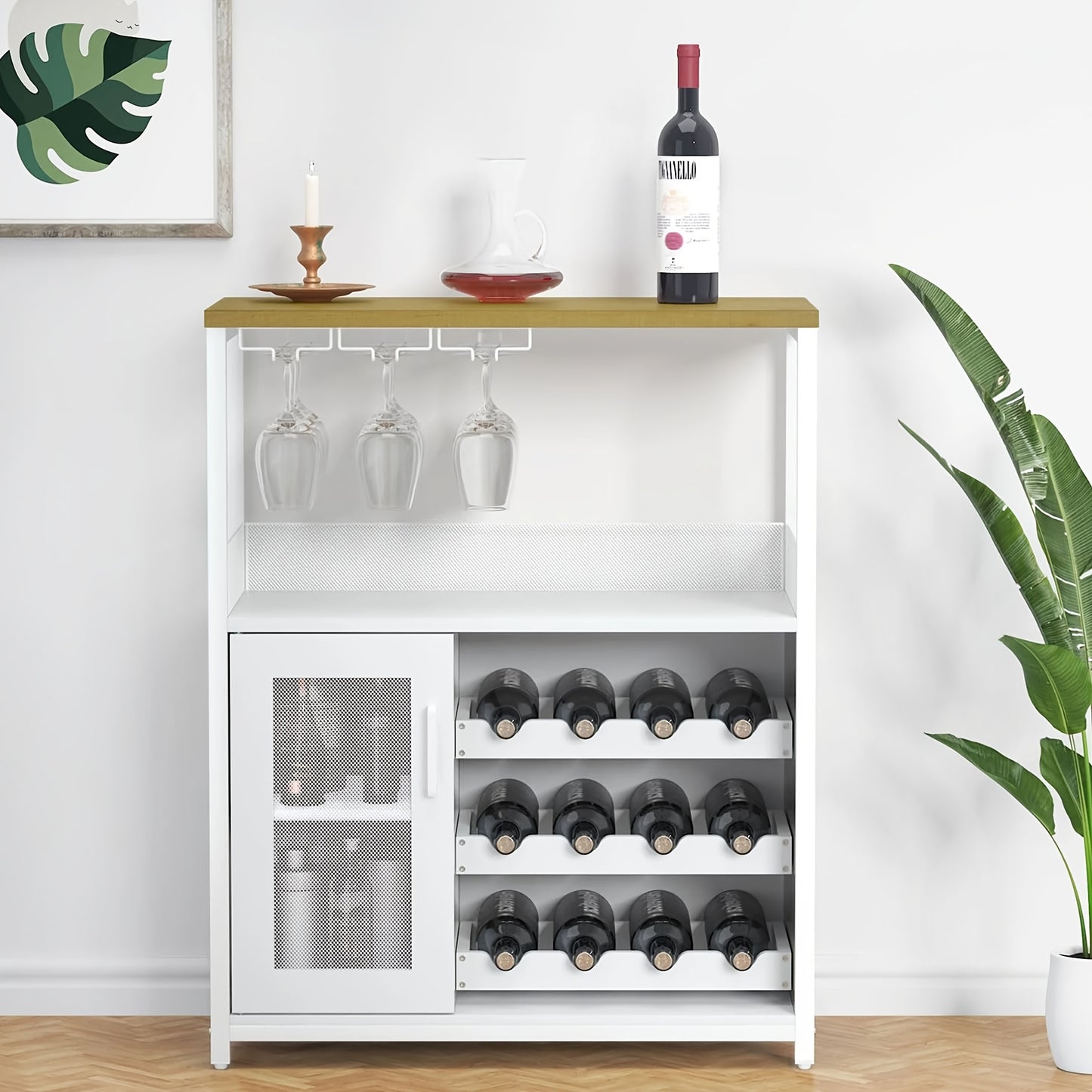 Wijnkast – Wijnrek – Wijnbar – Buffetkast – Vrijstaande Kast – Rustiek Bruin – 3 Niveaus – Glazenhouder Met Mesh Deur