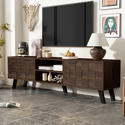 Modern TV Stand with Double Doors & Shelves - Dark Wood Grain Metal Frame, Assembly, Space-Saving, Open/Shelf Storage Suitable for, Apartment, Dorm - 160.5 x 35.5 x 45cm