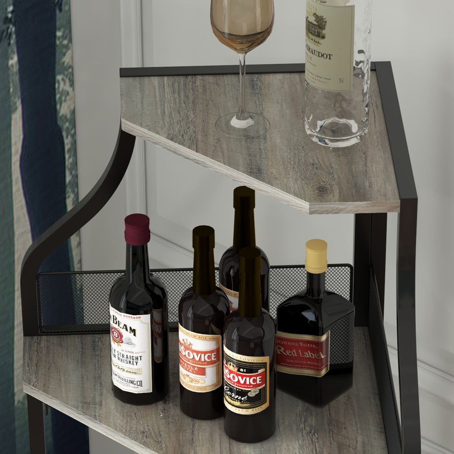 Modern Wine & Liquor Corner Bar Cabinet with Glass Rack - -Standing Storage Cabinet Suitable for Living Room, Dining Room - Wine Shelf with Mesh Door & Assembly Required