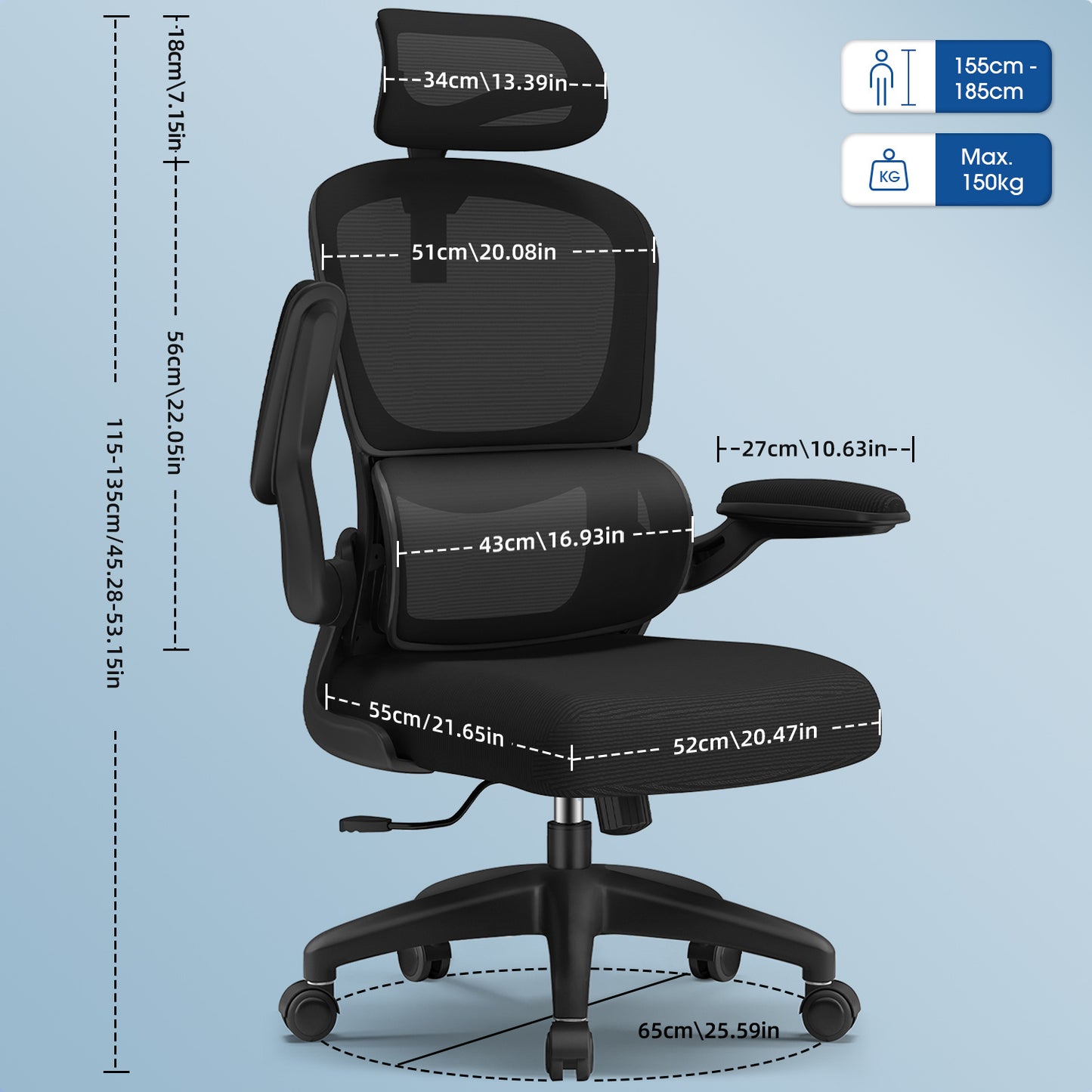 Office Chair with Adjustable Headrest, Armrests, and Lumbar Support, Load Capacity up to 150 kg