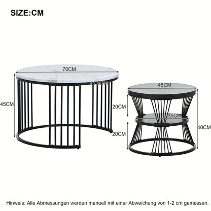 Salontafelset – Salontafels – Bijzettafels – Koffietafel – Woonkamertafel – Modern Design – Hoogglans Marmerlook – Set van 2 Ronde Tafels – Zwart Metalen Frame – Eenvoudige Montage