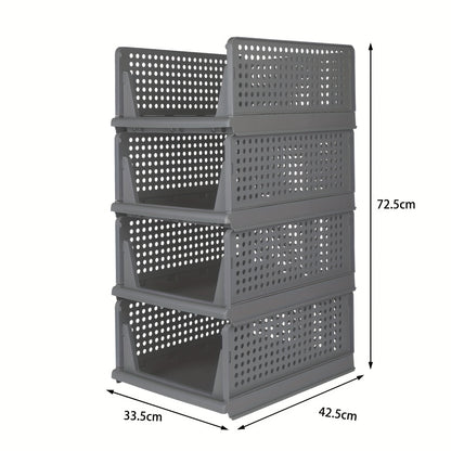 Opbergmanden – Opbergboxen – Opbergbakken – Opbergkisten – Opbergdozen – Stapelbaar en Vouwbaar – Kunststof 33,5x43x18 cm – Set van 4 – Grijs