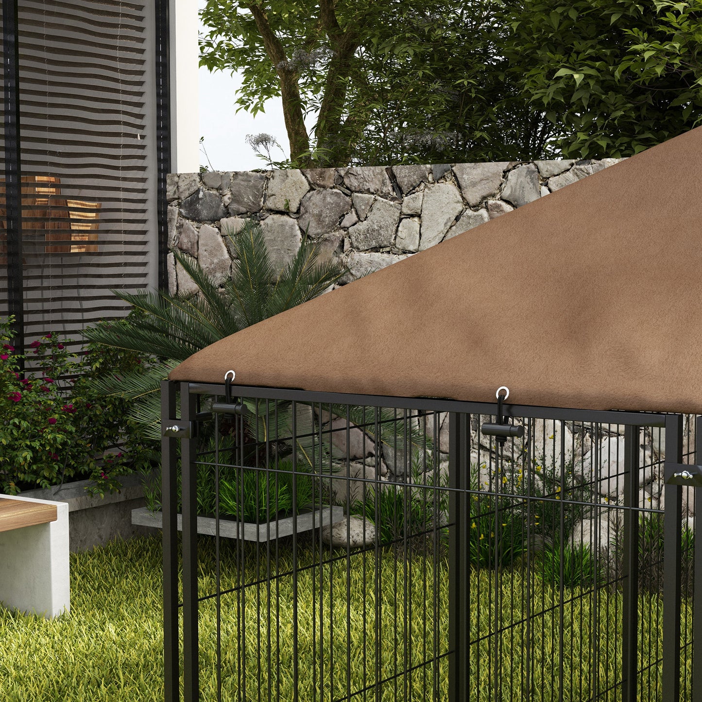 Hondenkennel – Hondenhok – Hondenren – Buitenkennel – Hondenverblijf – Stevig Stalen Frame – Weerbestendig Oxford Dak – Voederdeur Met Bakjes – Ruim 211x141x151 cm – Chestnut