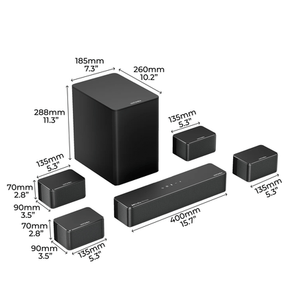 7.1 Surround Sound Systeem – Draadloze Subwoofer – Soundbar – Surround Geluidssysteem – Home Theater Audio – Dolby Atmos Technologie – 6,5 Inch Subwoofer Met 12 Instelbare Bassniveaus