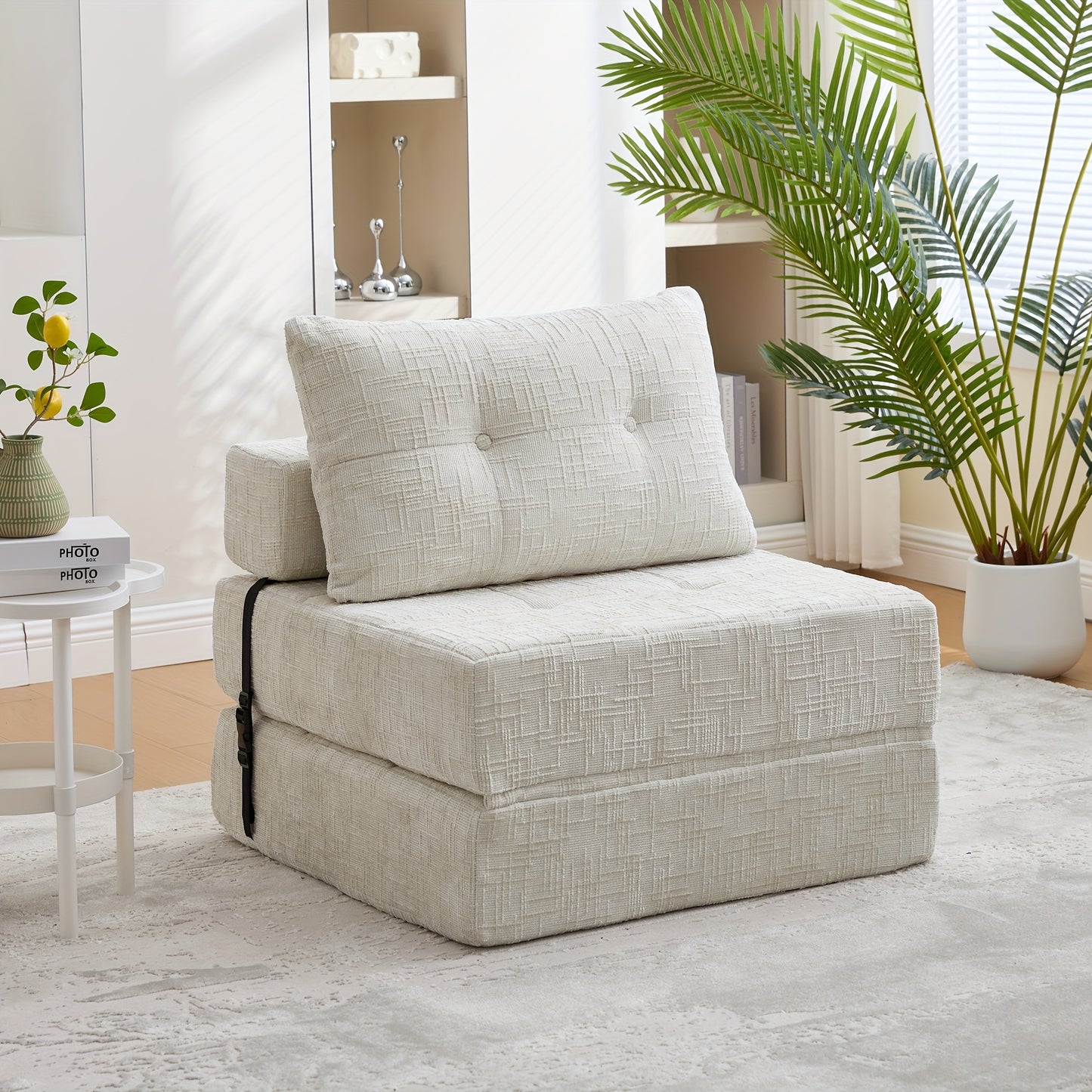 Vouwbank – Slaapbank – Slaapbankje – Bedbank – Slaapfauteuil – Beige Kleur – Duurzaam Chenille Materiaal – Inclusief Matras en Kussens