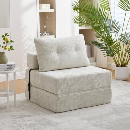 Vouwbank – Slaapbank – Slaapbankje – Bedbank – Slaapfauteuil – Beige Kleur – Duurzaam Chenille Materiaal – Inclusief Matras en Kussens