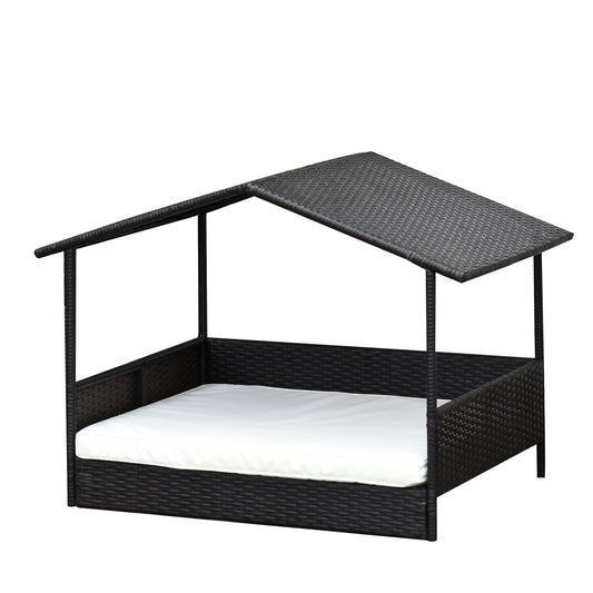 Hondenmand – Hondenbed – Hondenhuis – Hondenkussen – Overkapte Mand – Weerbestendig PE-Rattan – Verhoogd Met Antislip Poten – Koffiebruin – 69x98x70 cm