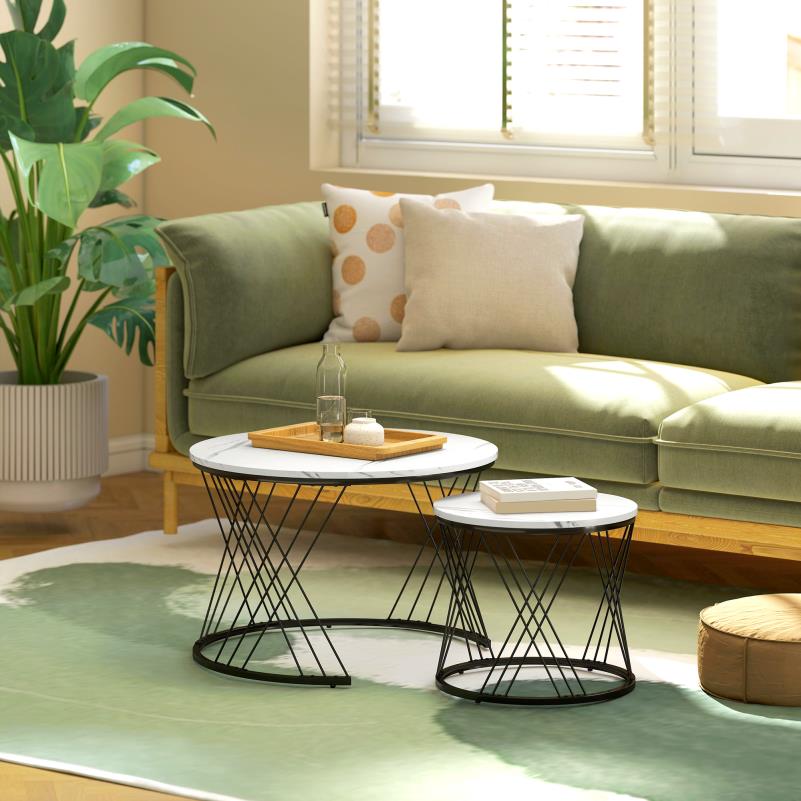 Salontafel – Woonkamertafel – Bijzettafel – Koffietafel – Patioset – Ronde Set Van 2 – Wit Spaanplaat Marmerlook – Metalen Geometrisch Onderstel