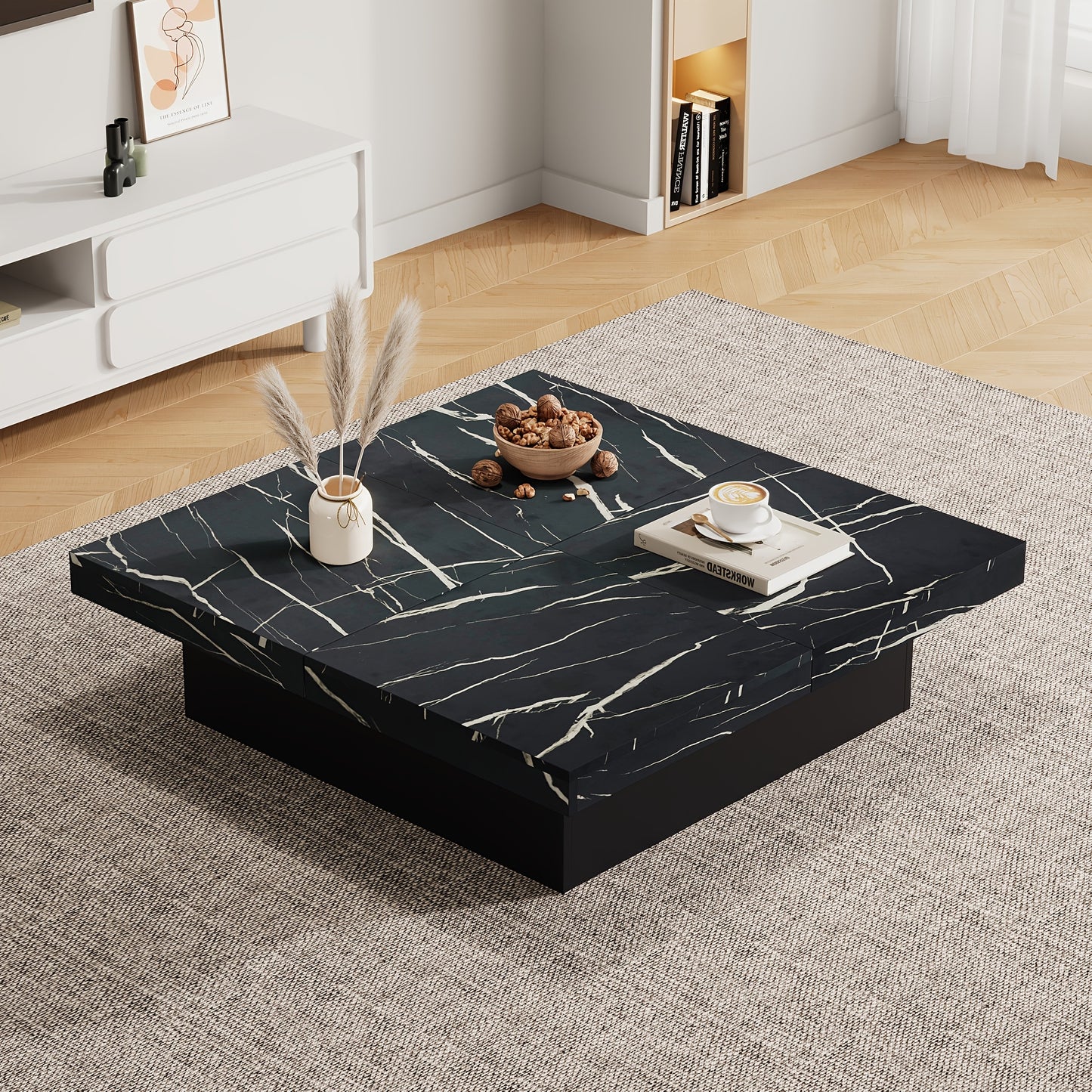 Salontafel – Koffietafel – Bijzettafel – Woonkamertafel – Tafel – Zwart – Marmerlook – Vier Lades – Schuifbaar Tafelblad – Max Belastbaar 30 kg