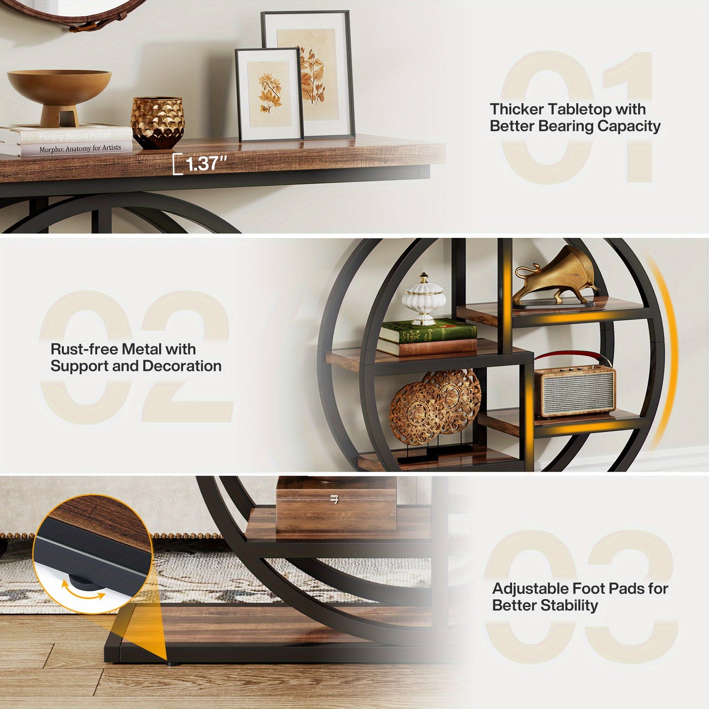 Smalle Rondvormige Haltafel – Sidetable – Opbergtafel – Gangtafel – Halmeubel – Rustiek Bruin – Multi-laags Opbergplanken – Hout & Kunststof – Ruimtebesparend Design