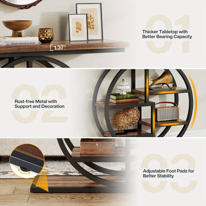 Smalle Rondvormige Haltafel – Sidetable – Opbergtafel – Gangtafel – Halmeubel – Rustiek Bruin – Multi-laags Opbergplanken – Hout & Kunststof – Ruimtebesparend Design