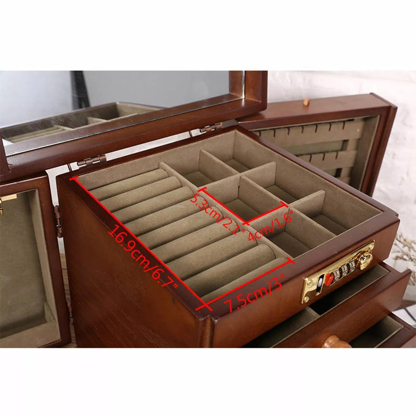 Goodslinesshop WooDerson 5-Tier Brown Wooden Jewelry Box with Password Lock & Carvings Design - 4-Drawer Large Capacity Jewelry Organizer with Mirror, Soft Lining & Golden-Toned Hardware, Elegant Desktop Storage for Earrings,