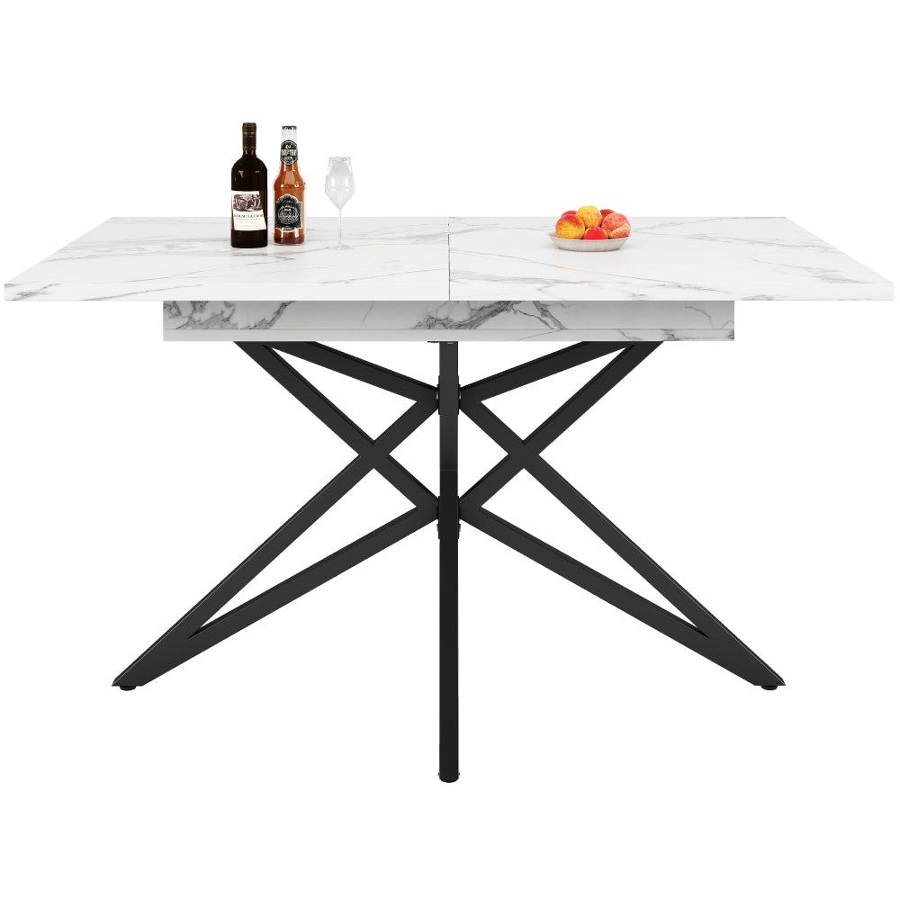 Uitschuifbare Eettafel – Verlengbare Tafel – Keukentafel – Ontbijttafel – Werktafel – Wit MDF Blad – Zwarte Metalen Stervormige Poten – 120x80 cm Uitbreidbaar Tot 160 cm