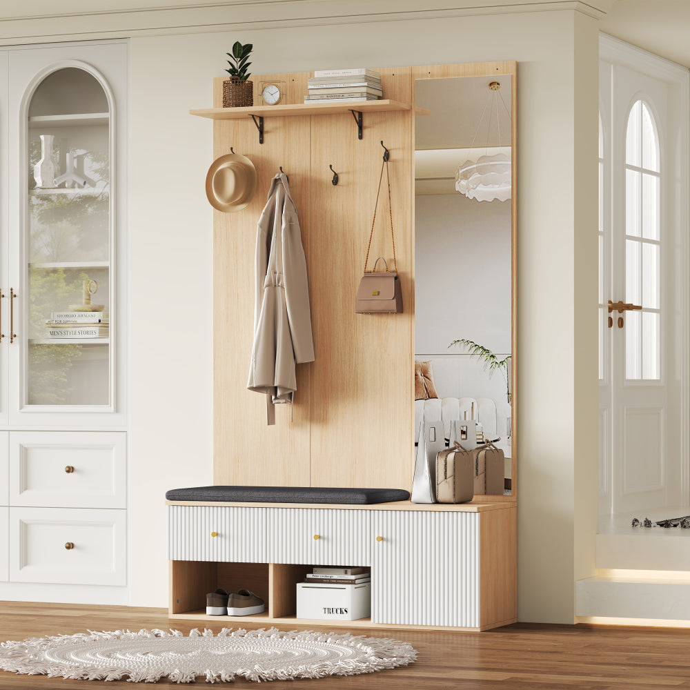 Halmeubel – Kapstok – Schoenenkast – Garderobekast – Schoenenbank – Met Spiegel – Gepolsterde Zitbank – Multifunctioneel Opbergmeubel 120x40x200 cm
