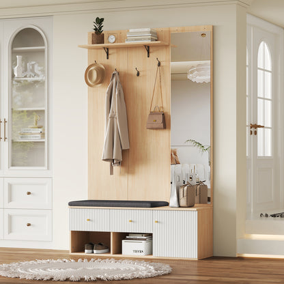 Halmeubel – Kapstok – Schoenenkast – Garderobekast – Schoenenbank – Met Spiegel – Gepolsterde Zitbank – Multifunctioneel Opbergmeubel 120x40x200 cm